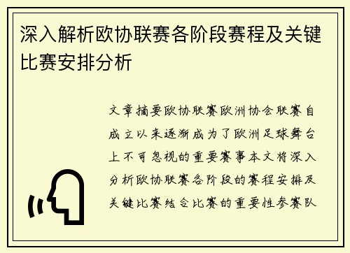 深入解析欧协联赛各阶段赛程及关键比赛安排分析
